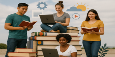 Image shows four scholarly students reading books and laptops