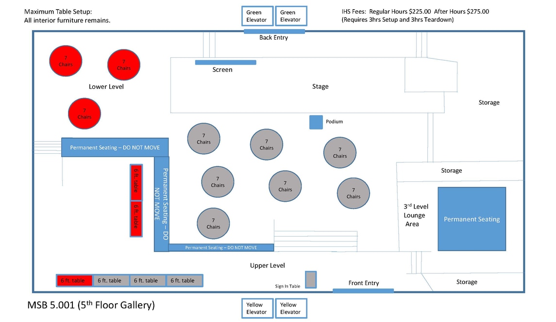 Diagram of MMS Gallery in the Maximum Table Configuration of Tables and Chairs