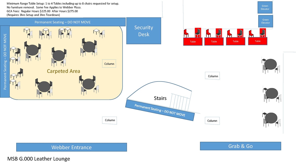 Diagram of MMS Leather Lounge in the Minimum Tables Configuration of Tables and Chairs
