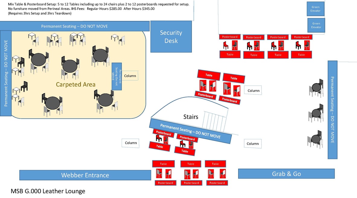 Diagram of MMS Leather Lounge in the Mix Tables & Postboards Configuration of Tables and Chairs