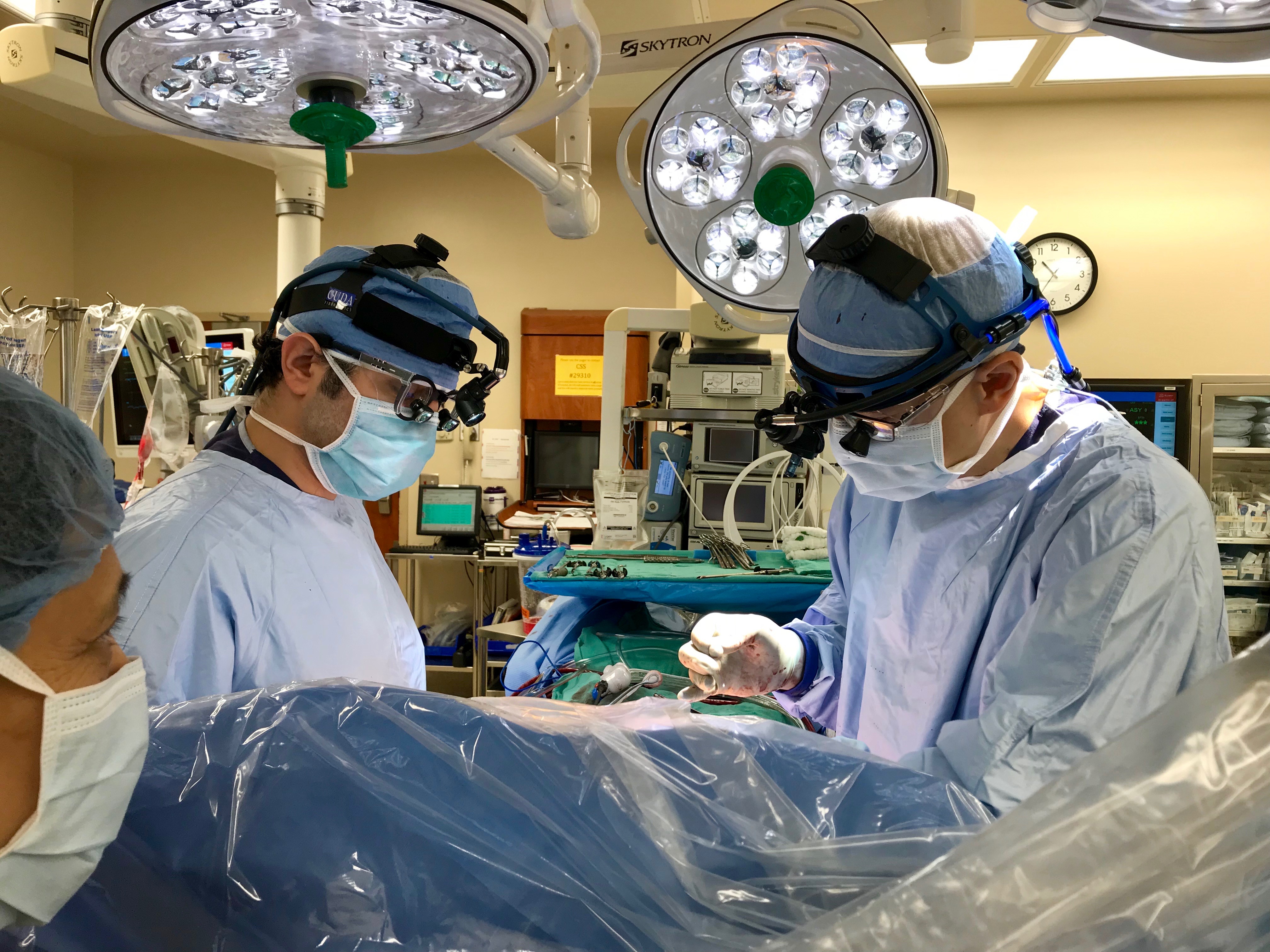 Aortic Surgery Fellow, Kenton Rommens, MD (left) and Associate Professor, Cardiothoracic Surgery, Tom C. Nguyen (right) in a minimally invasive mitral valve procedure.