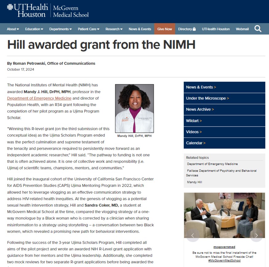 Dr. Hill grant post by UTHealth Houston