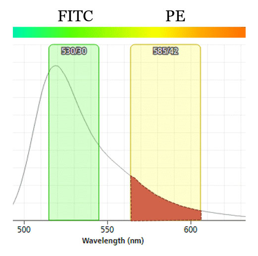 Schematic graph showing FITC emission spectrum overlapping with typical PE detector channel