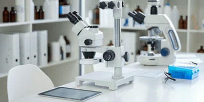 Stock image of a microscope, tablet and miscellaneous medical research laboratory capital assets