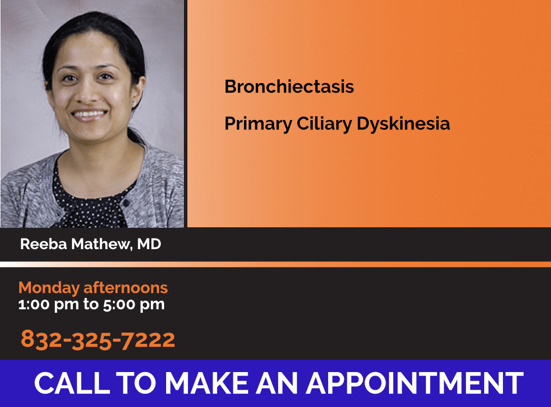 Photo of Dr. Reeba Mathew with Bronchiectasis Center Clinic Hours & Phone Number for Patients Saying Call to Make An Appointment