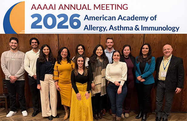 Flyer for 2026 American Academy of Allerg, Asthma & Immunology Meeting showing a photo of participants posing for a group picture