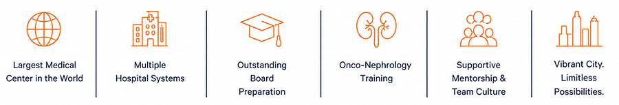 Nephrology Highlights: We are in the largest medical center in the world, within multiple hospital systems, with outstanding board preperation, and Onco-Nephrology training, with supportive mentorship and team culture within a vibrant city with unlimited possibilities.