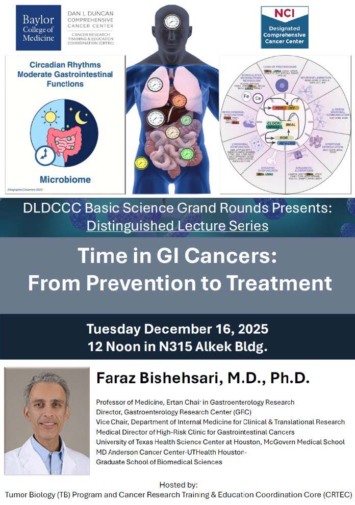 Dr. Faraz Bishehsari spoke at the Dan L Duncan Comprehensive
Cancer Center (DLDCCC) on December 16, 2025, as part of their Distinguished Lecture Series.