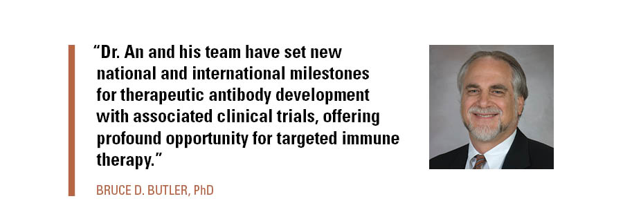 “Dr. An and his team have set new national and international milestones for therapeutic antibody development with associated clinical trials, offering profound opportunity for targeted immune therapy.”