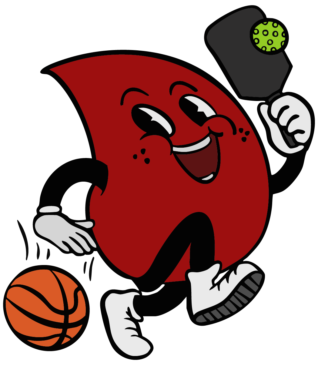 Logo of a red blood cell dribbling a basketball while holding a pickle ball racket and running
