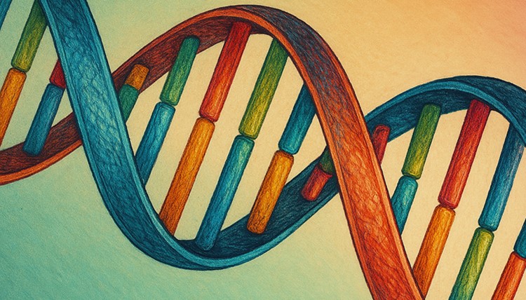 DNA double helix in teal and burnt orange