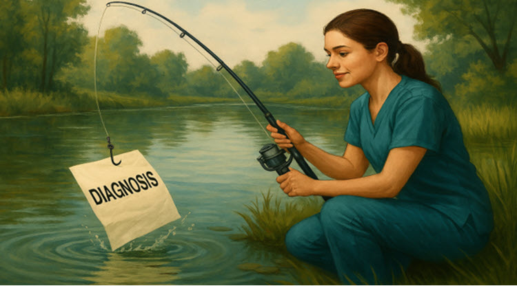 Brunette in scrubs fishing and catching the word diagnosis.