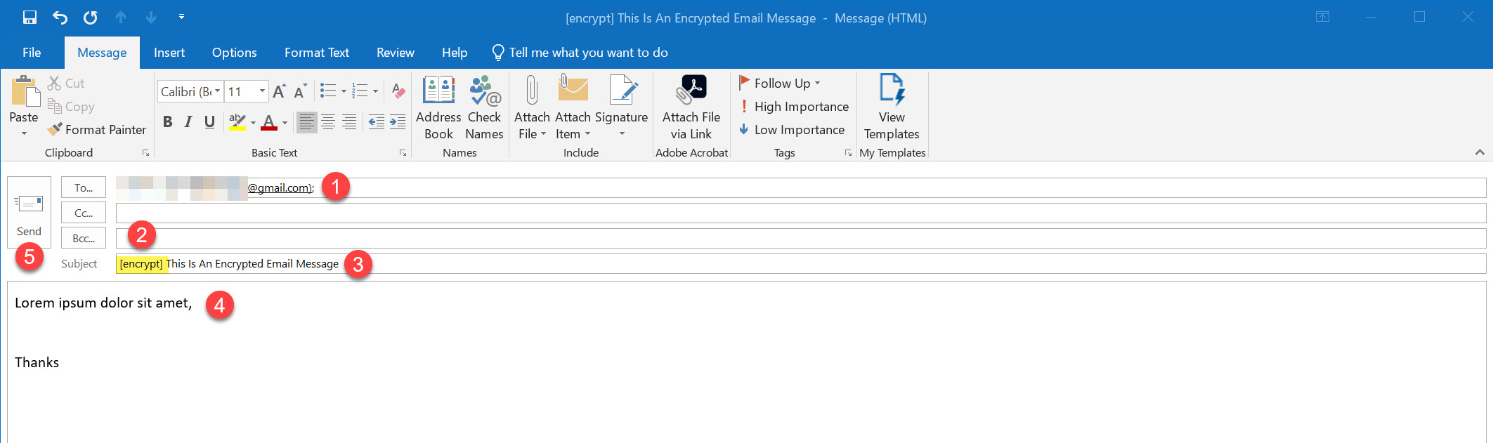 Steps explaining how to write an encrypted email - begin the subject line with the phrase [encrypt] - including the brackets.