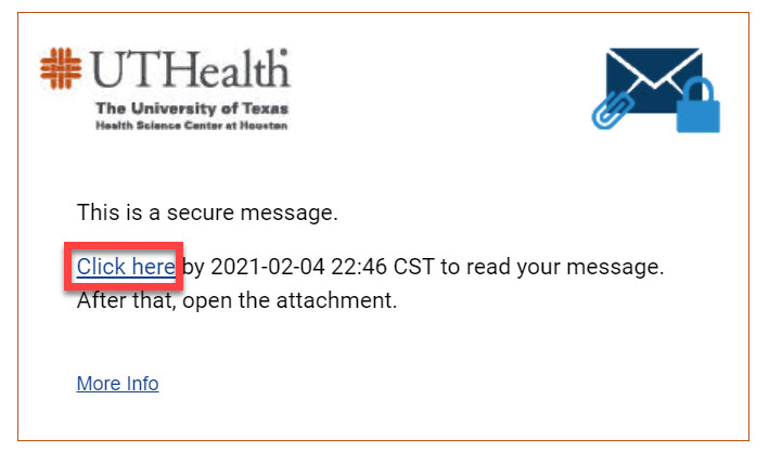 Image showing the user to click on the CLICK HERE link when seeking to view an encrypted email message.