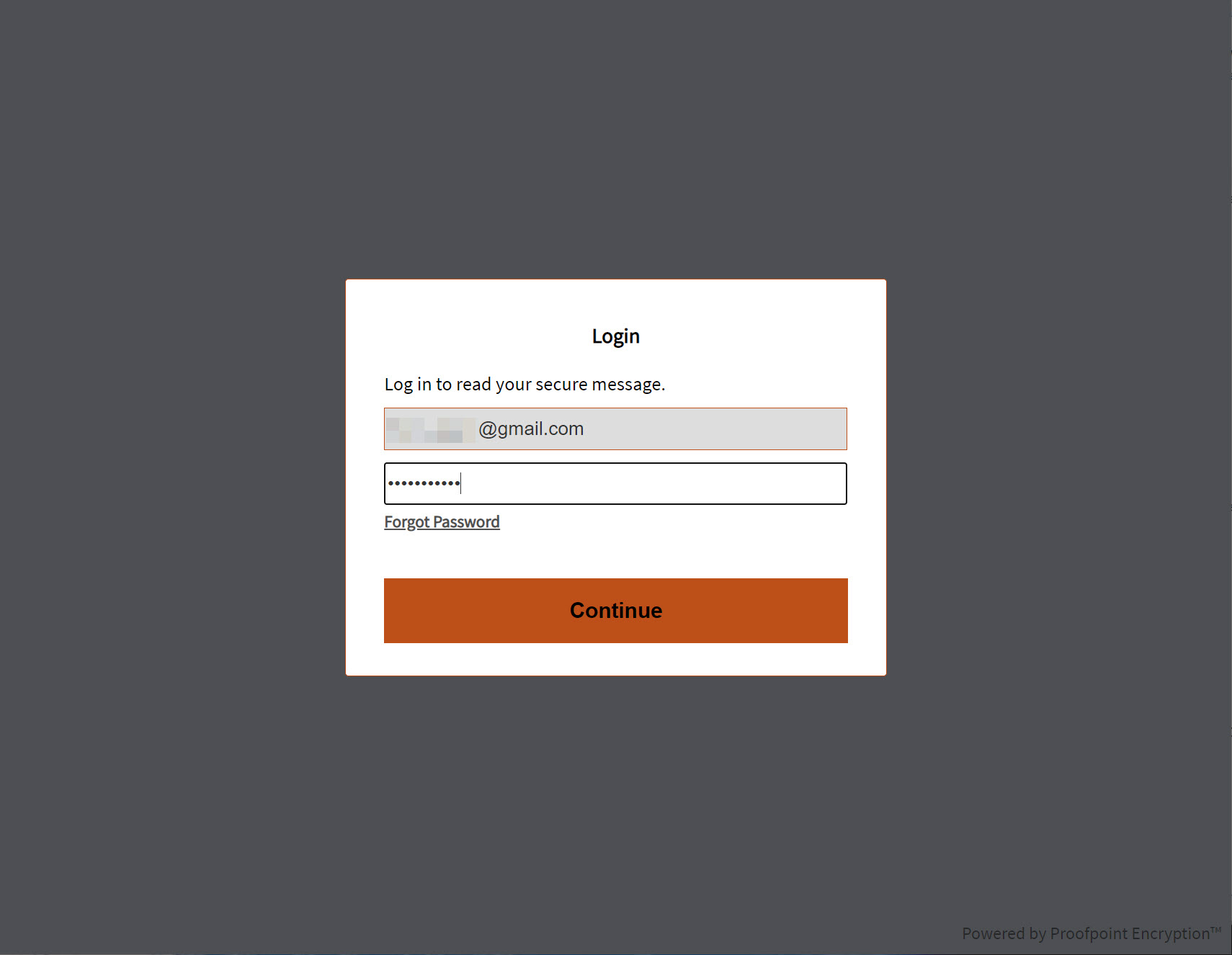 An image showing the login box where the user can enter their previously set password to open an encrypted message from UTHealth. If you have never used a non-UTHealth email address to read UTHealth encrypted messages, you will first be prompted to set a password for your non-UTHealth email account.