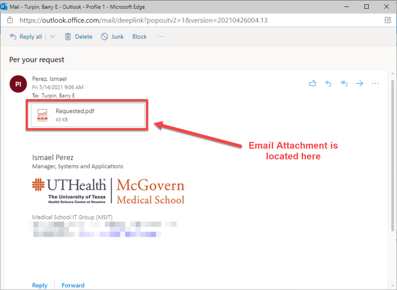 An image that shows the location of attachments in an email - in the upper left hand corner of the email view screen, directly below the name of the Sender and the Receiver of the email.