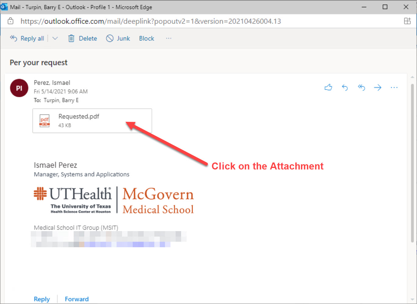 An image that points to the location of an attachment in an email and directs the user to click on the attachment to open it, within the UTHealth Citrix Webmail Portal.