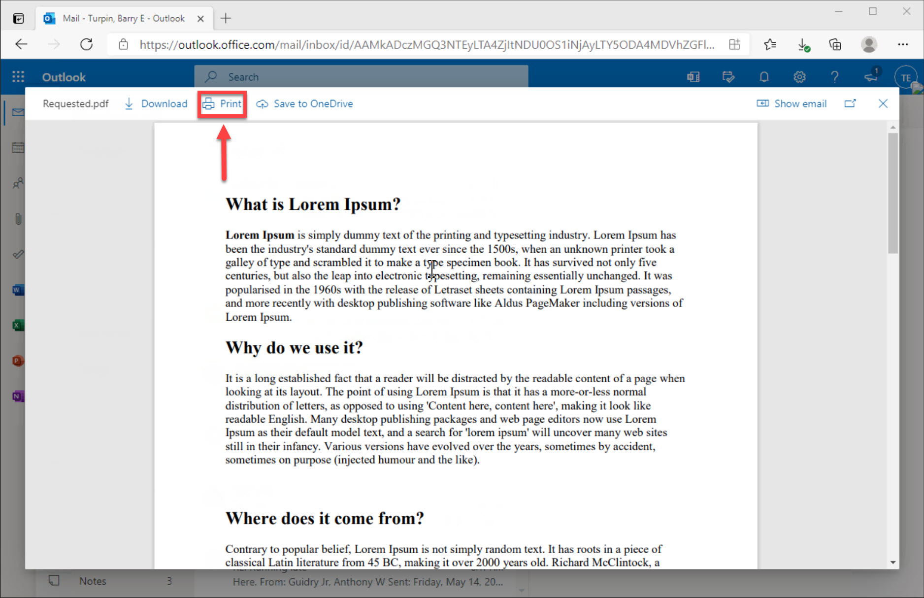 An image showing the location of the attachment print screen button using an arrow and a highlight box, in UTHealth Citrix Webmail Portal.