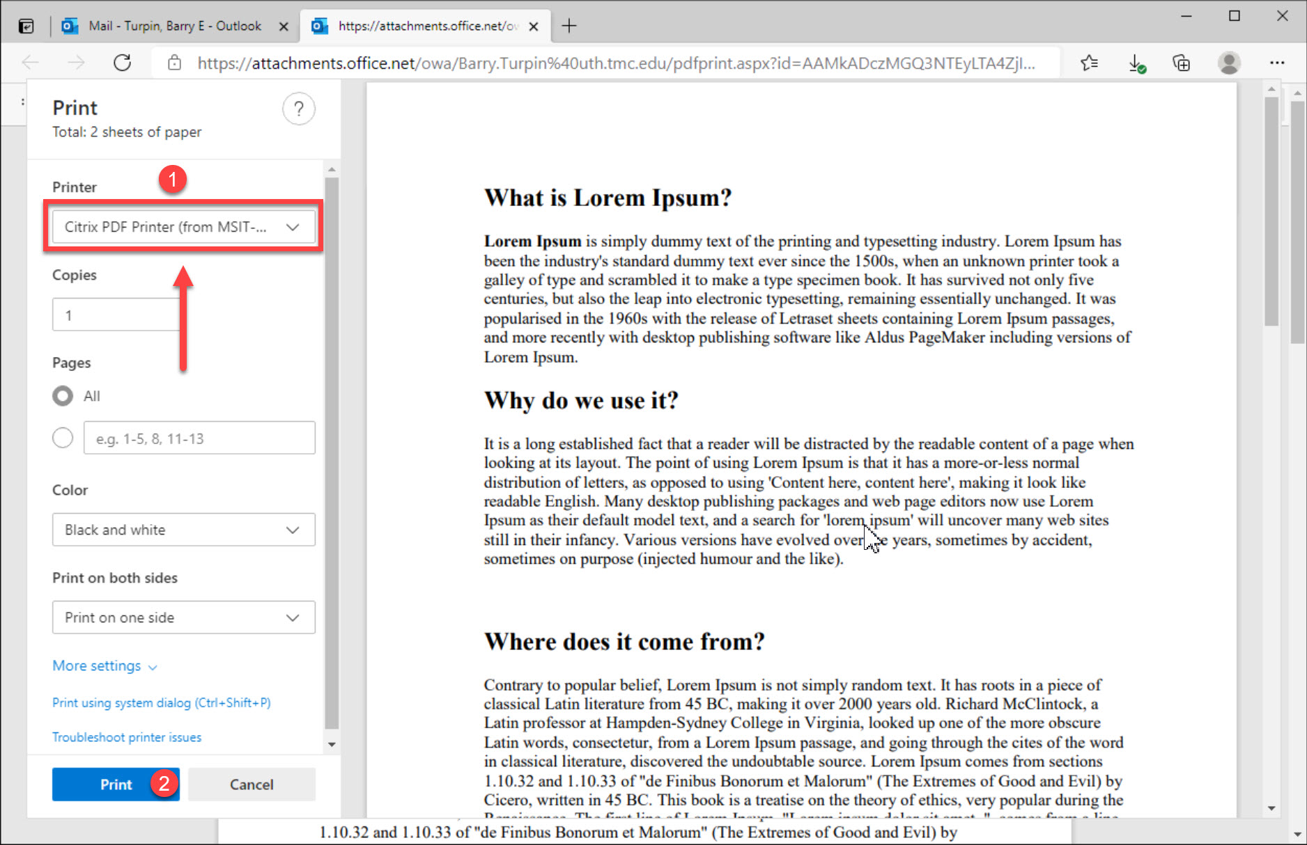 An image showing how to select the Citrix PDF Printer (or other printer) option in the Printer Selection menu, using the UTHealth Citrix Webmail Portal.