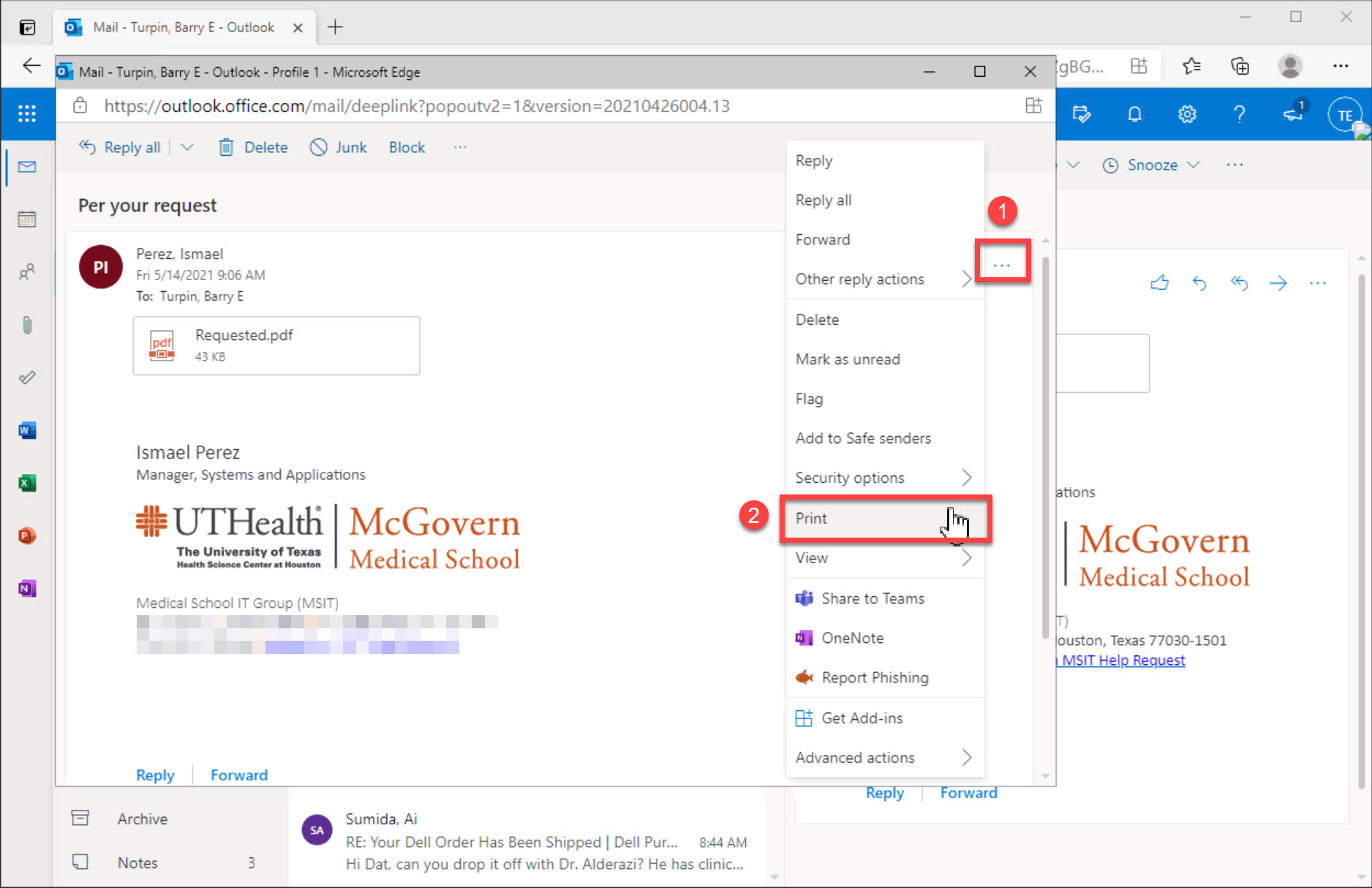 Image showing how to us the triple dot menu to print an email while in the UTHealth Citrix webmail portal.