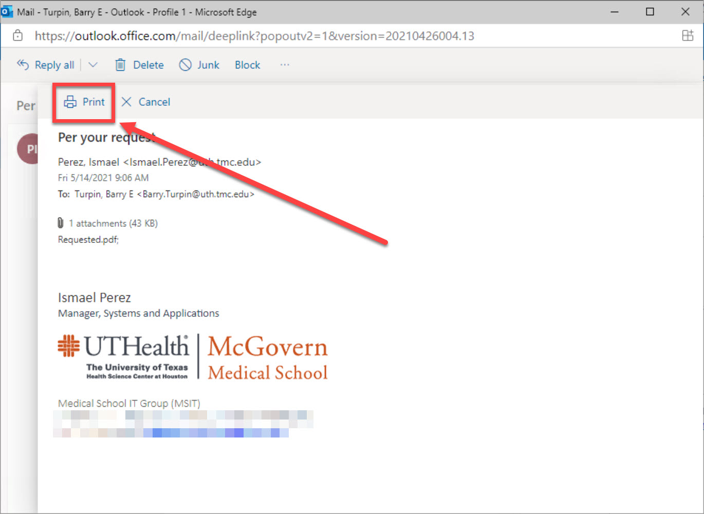 Image showing where the Print button is located while viewing an individual email message in the UTHealth Citrix webmail portal.