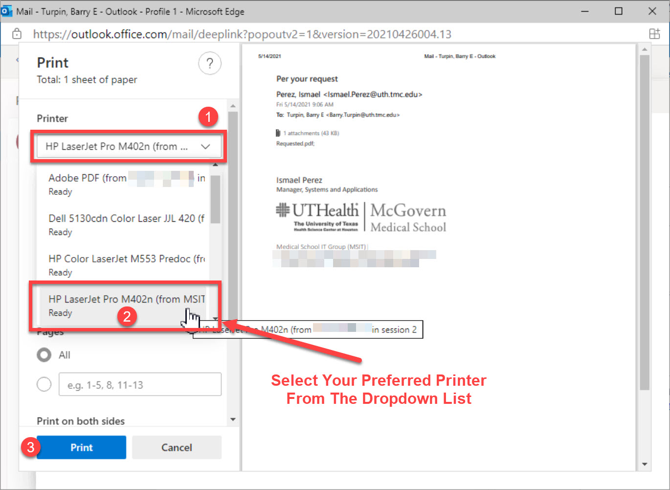 An image showing how to select a printer from the printer selection menu and printing an email, while in the UTHealth Citrix webmail portal.