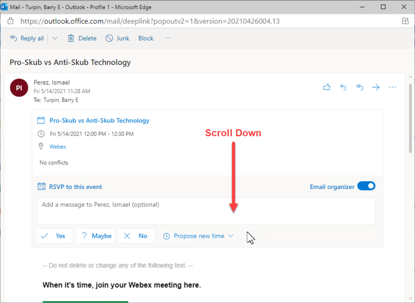 An image advising to scroll down within a Webex meeting invitation email in the UTHealth Citrix Webmail portal.