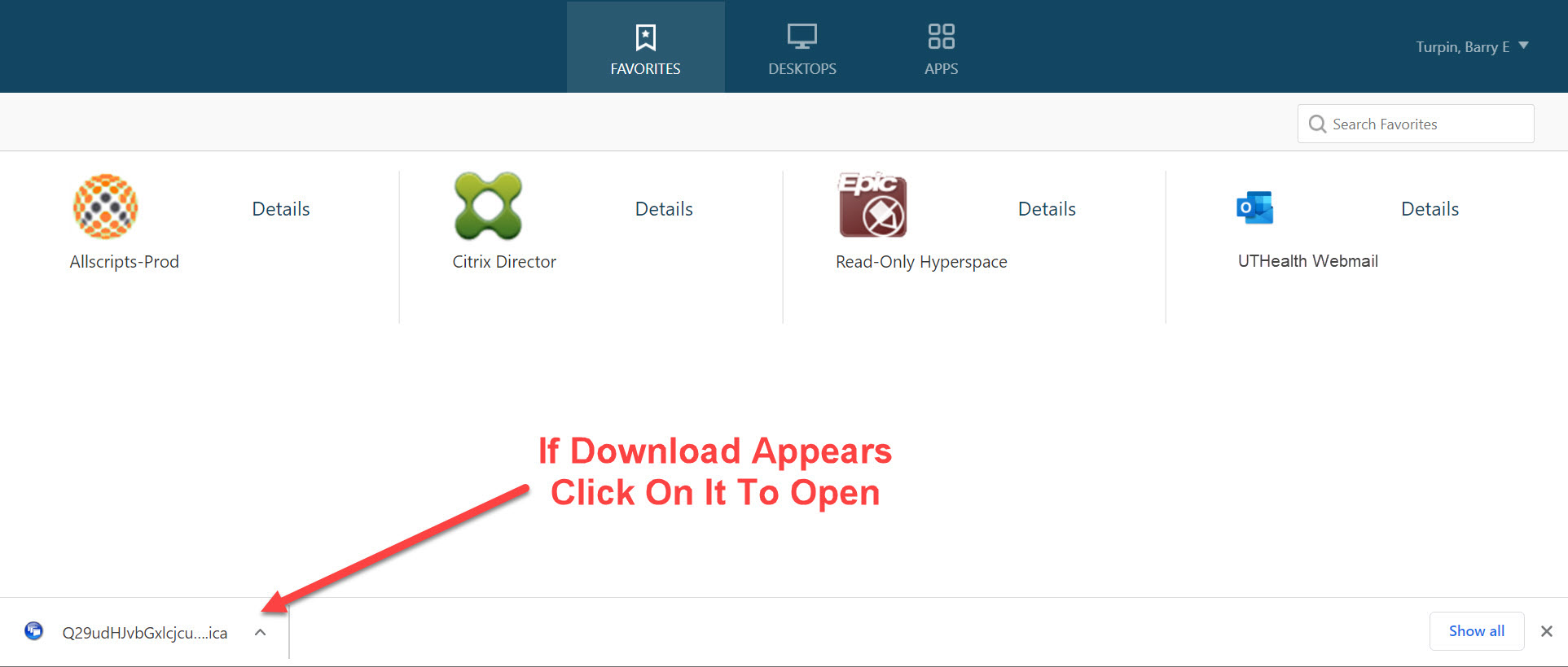 Screenshot of the UTHealth Citrix portal entry page, with arrow pointing to the location on page where downloads of Citrix ICA files may appear, so they can be clicked on if necessary.