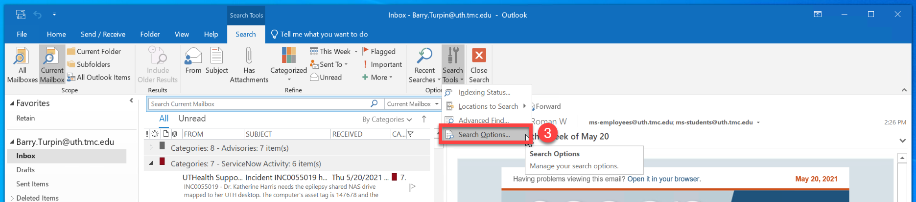 An image showing the user how to 3) select the "Search Options..." choice in the  Search Tools button that appears in the Search menu ribbon in Microsoft Outlook for Windows.