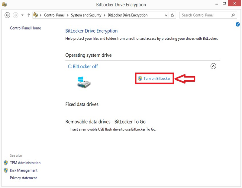 Image showing the Turn on Bitlocker link