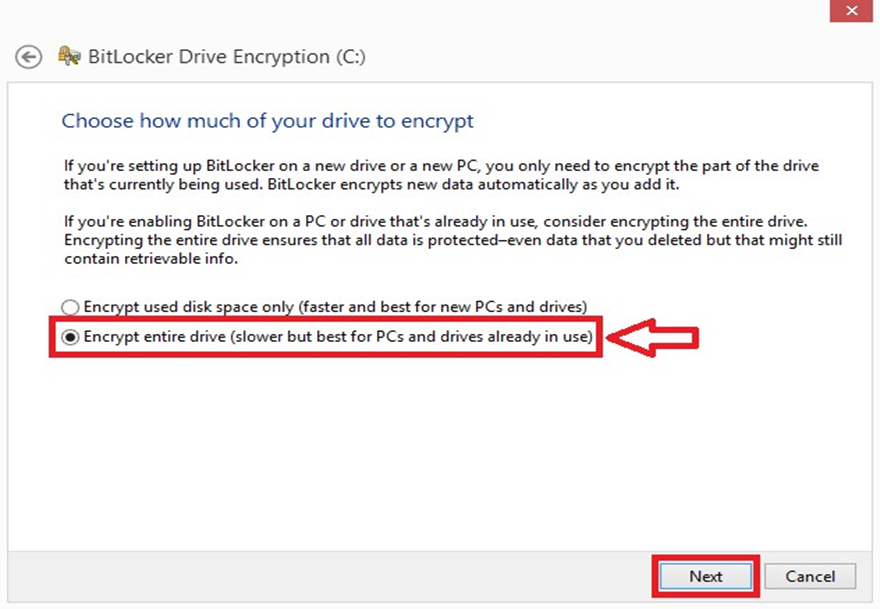 Image showing options to chose how much of your drive to encrypt