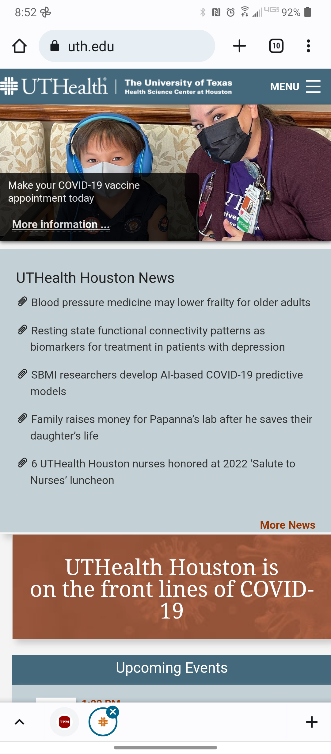 Screenshot of the UTHealth home page as displayed on a typical mobile device.