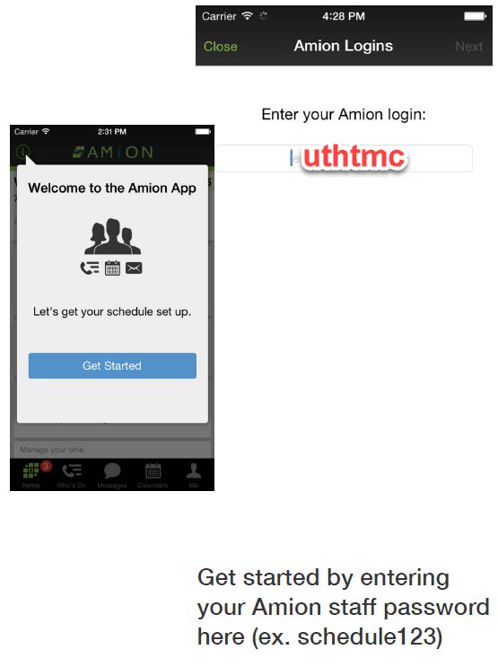 AMiON Log In Screen and Password Screen