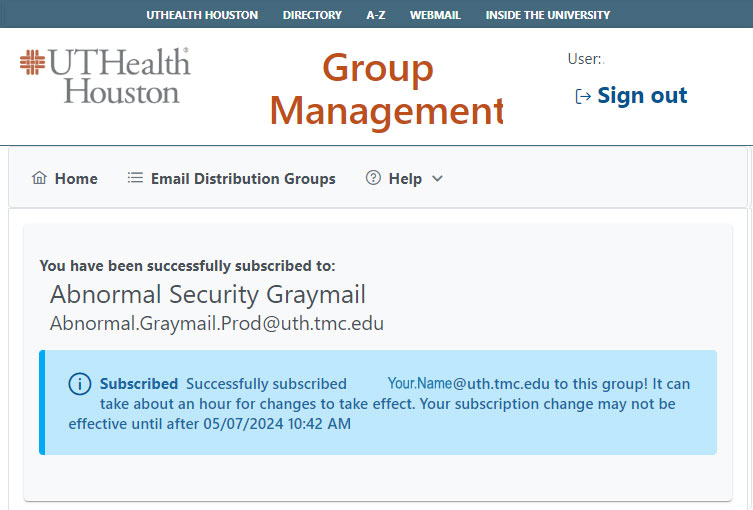 Confirmation Page for successful subscription to Abnormal Security Graymail