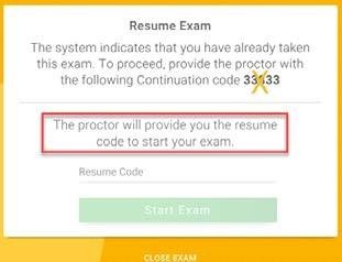 Resume Exam confirmation window screenshot