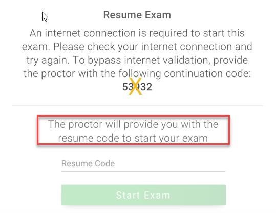 Resume Exam confirmation window screenshot