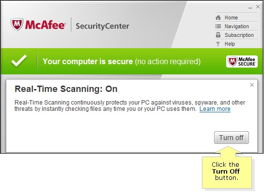 McAfee Turn off button