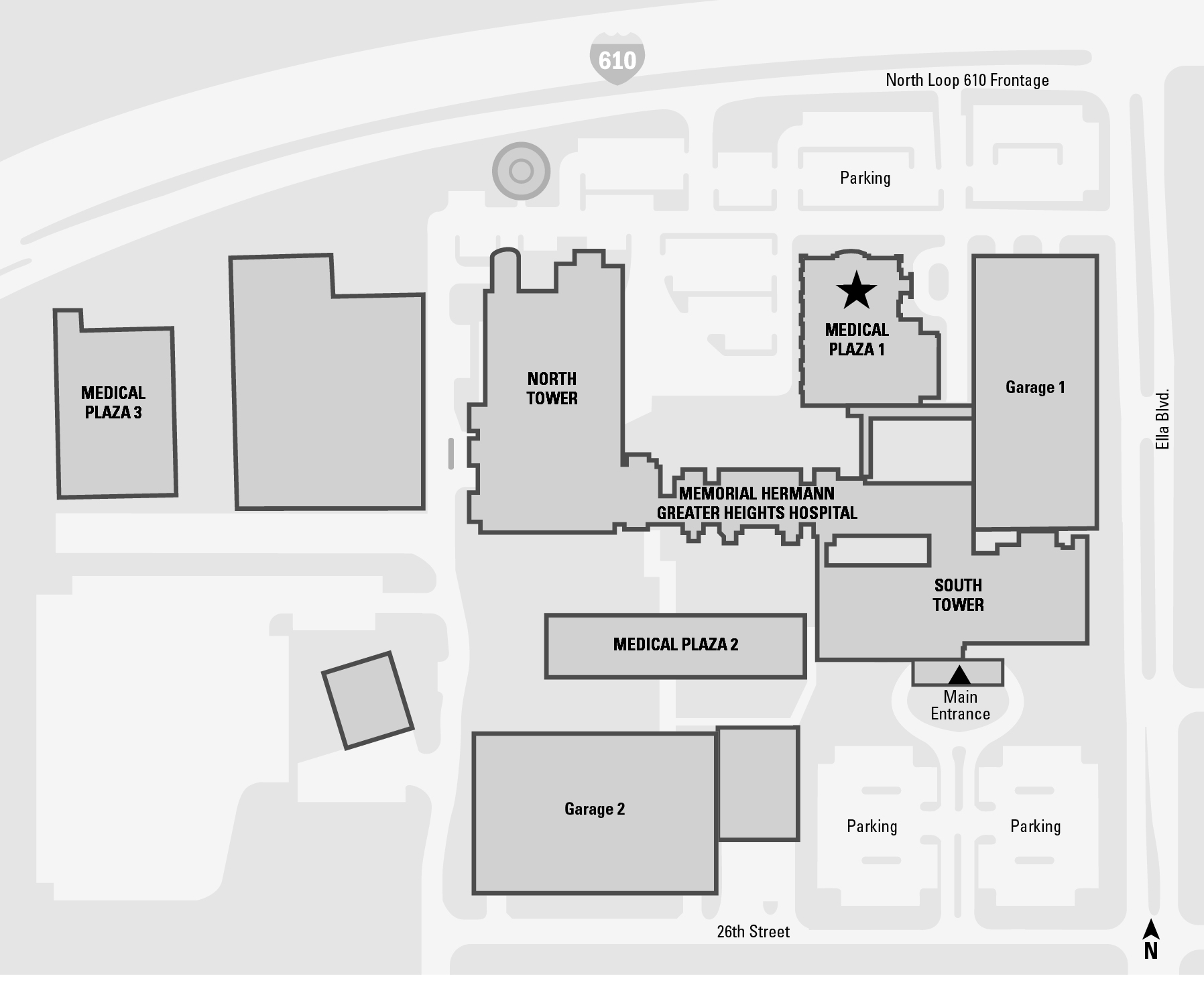 Map of UTHealth Houston - Greater Heights and its location within the Memorial Hermann campus at Greater Heights.