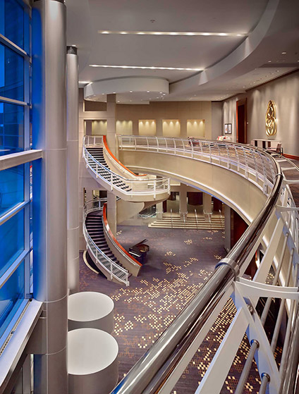 A photograph showing an interior lobby of the Royal Sonesta hotel in Houston.