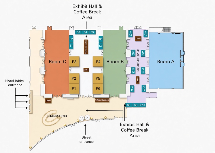 Illustration of the floor plan for the IMS-iRS Congress meeting. The floor plan shows the entrance from the hotel's main lobby, street entrance and Room A, B and C adn the Discovery Foyer, as well as where the sponor booths and coffee stations will be.