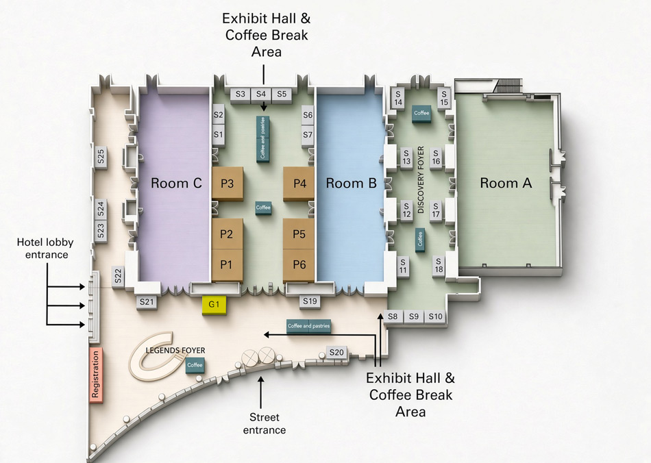 illustration of the floor plan for the IMS-iRS Congress, including the registration set up in the foyer; rooms A, B, and C, as well as coffee stations and vendor booths set up in between rooms a, b and c.