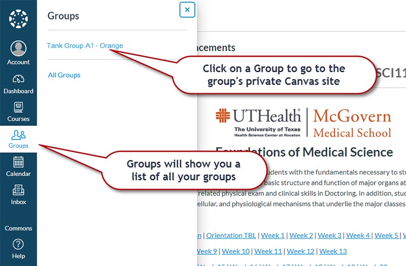 Location of left hand menu Groups with list of groups.