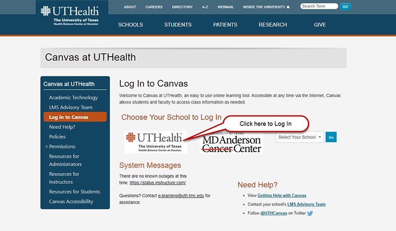 Location of UTHealth Log In button.