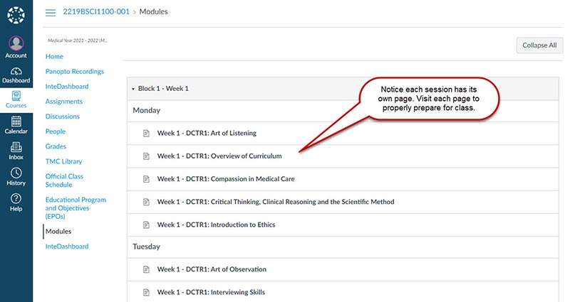 Location of the sessions in the Modules page.