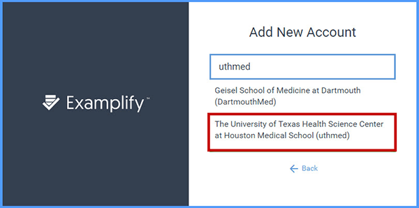 Location of school link on ExamSoft Add New Account screen.