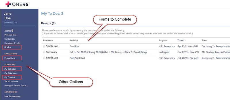 Points out forms to complete on To Dos list and other options in the left side menu.