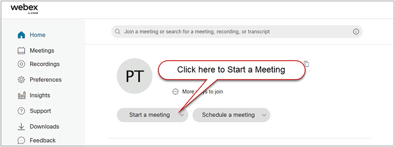 Location of the Start a meeting button on the Webex Home page.