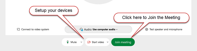 Location of the Setup and Join buttons on the Webex meeting page.
