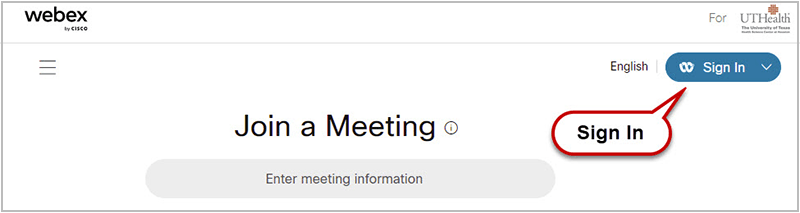 Location of the Sign In button on the Webex landing page.