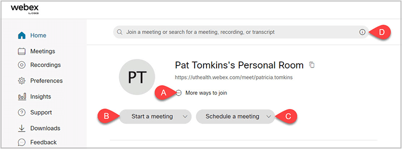 Location of the Search box, More ways to join, Start a meeting, and Schedule a meeting buttons on the Webex Home page.